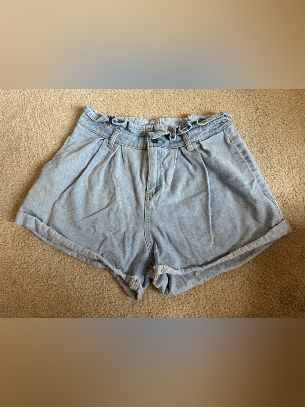 Light Blue Denim Paperbag Waist Women's Shorts Wide Leg